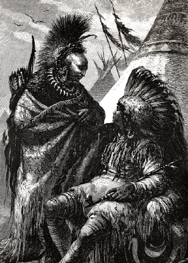 black and white illustration of indigenous people in regalia 