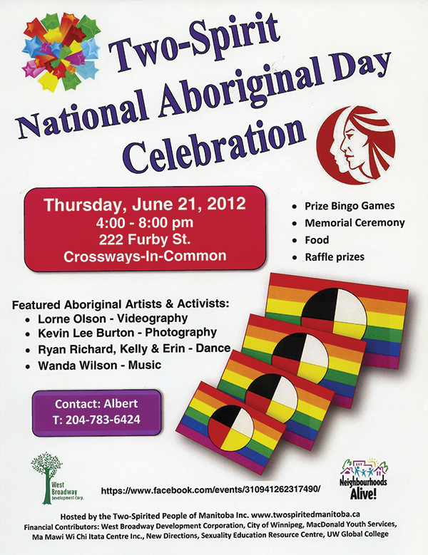 Two-Spirit National Aboriginal Day Celebration poster advertising gay pride artists.