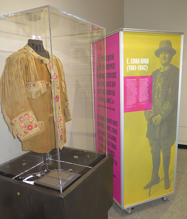 An intricately beaded buckskin jacket once worn by journalist and women’s advocate, Cora Hind.